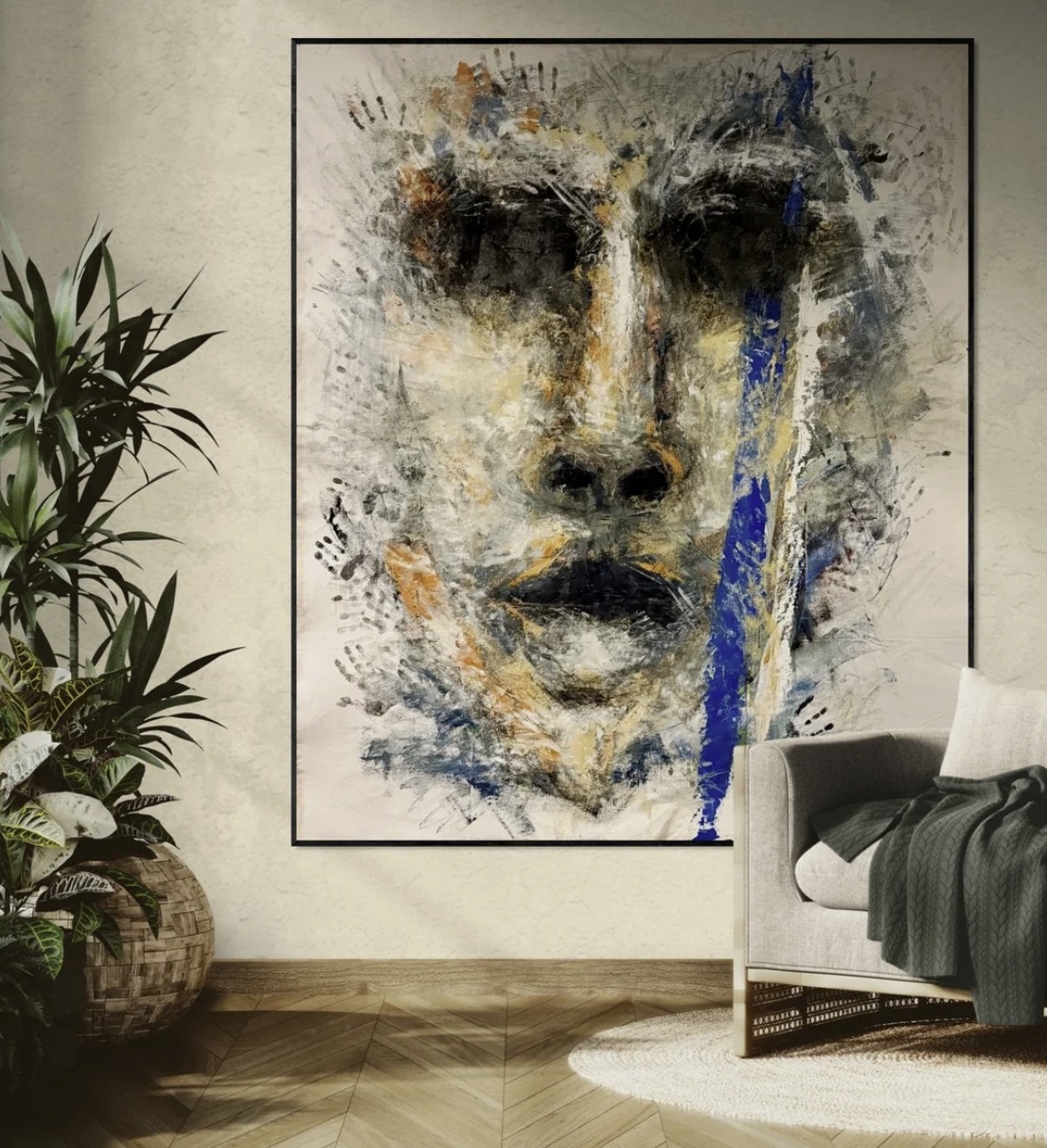 Transformation — large face painting in oil and acrylic with handprints and a blue stroke.